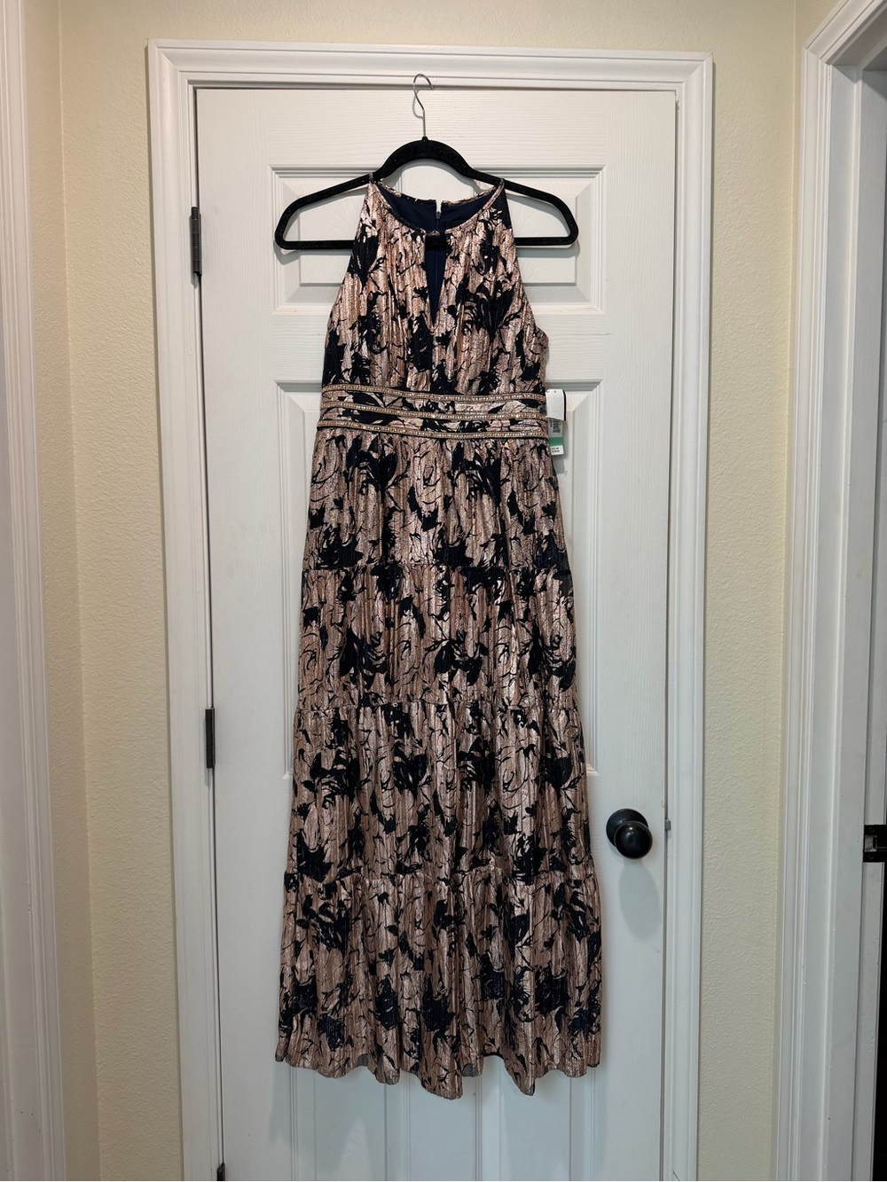 R&M Richards Navy and Rose Gold Floral Halter Maxi Dress